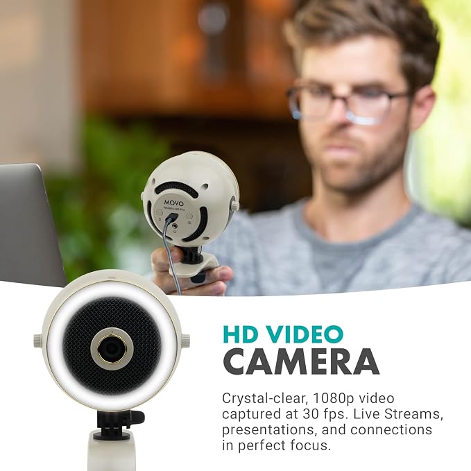 Movo WebMic HD Pro All-in-One Webcam with Mic and Ring Light in Pearl White- 1080p HD Camera, Pro Cardioid Condenser Microphone, LED Ring Light -HD Webcam For Streaming, Video Calls, Recording, Gaming - Image 4