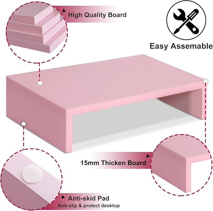 TEAMIX Pink Monitor Stand Riser for Desk, Small Computer/Laptop Stand Wood | 14.2"L x 9.5"W, Holds 80 lbs, Desktop Organizer Shelf, Ergonomic Morden Design, Easy Assembly, For Home Office, Gaming - Image 5