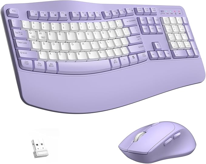 Wireless Keyboard and Mouse Combo,2.4G Ergonomic Wave Keys(Purple-B) | Full Size Cordless Keyboard with Wrist Rest,3-Level DPI Ergonomic Mouse for Office and Home,Windows/Mac OS/Desktop/Laptop/PC by RECCAZR