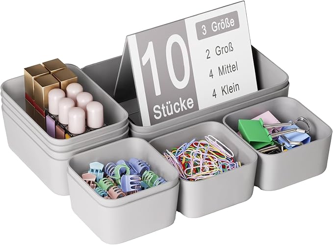 Drawer Organizers Bins 10 PCS for Bathroom Makeup Desk Office | with Non-slip Pads, 3 Sizes, Plastic Tray, Vanity Organizer, Kitchen Utensils Organizer by Homhut