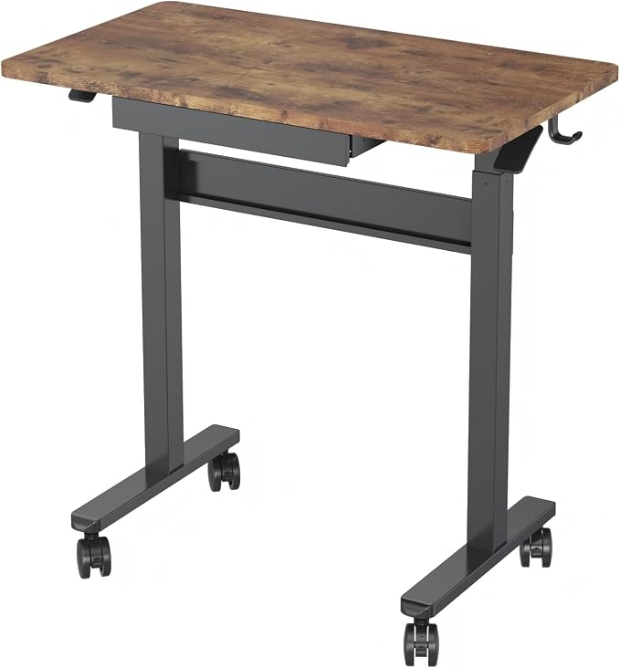 35" Pneumatic Standing Desk for Walking Pad with Wheels Drawer, Dark Wood | Height Adjustable Rolling Desk, Mobile Computer Workstation with Hook Locking Casters for Treadmill & Home Office - Image 9
