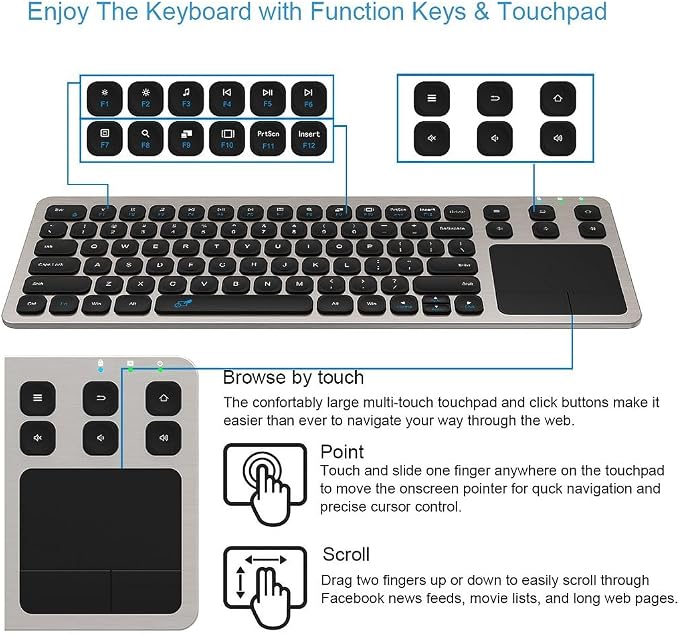 Arteck 2.4G Wireless Touch TV Keyboard with Easy Media Control and Built-in Touchpad Mouse Solid Stainless Ultra Compact Full Size Keyboard -Connected Computer, Smart TV, HTPC - Image 2
