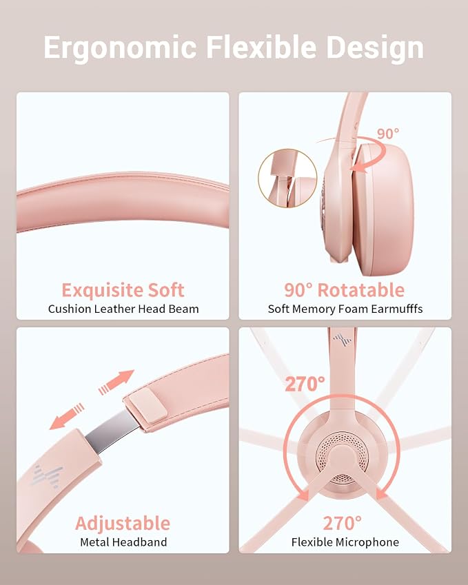 JIAMQISHI Wireless Headset with AI Noise Cancelling Microphone Bluetooth Headset - Bluetooth V5.2 Headphones with USB Dongle & Mic Mute for Computer/Laptop/PC/iPhone/Android/Cell Phones (Pink) - Image 6