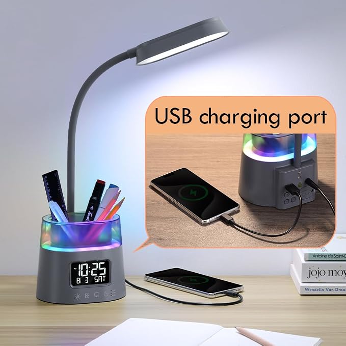WILIT LED Desk Lamp for College Dorm Room Essentials, 3 Modes,Touch, Gray | Study Lamp with USB Charging Port, Pen Holder, Clock & RGB Night Light, Office Desk Accessories, Table Lamp for Bedroom - Image 5