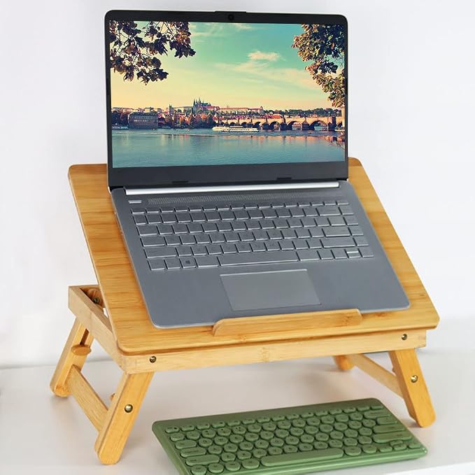 WKWKER Bamboo Laptop Desk with Folding Legs Tilting Surface Workstation Table Adjustable Laptop Stand Bed Tray for tv Sofa Study Computer Ipad Book (Natural) - Image 4