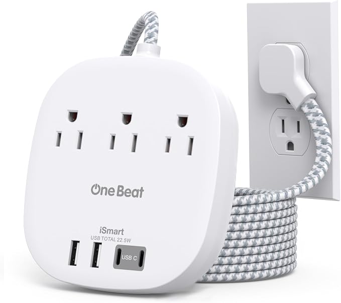 22.5W/4.5A Surge Protector Power Strip for Travel, Flat Plug Extension Cord | 3 Outlets with 4 USB Ports (2 USB C), 6Ft Power Strip Desktop USB Charging Station for Home Office, College Dorm Essentials by OneBeat