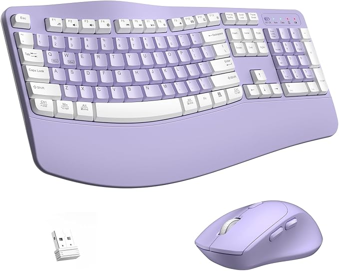 Wireless Keyboard and Mouse Combo,2.4G Ergonomic Wave Keys(Purple-A) | Full Size Cordless Keyboard with Wrist Rest,3-Level DPI Ergonomic Mouse for Office and Home,Windows/Mac OS/Desktop/Laptop/PC by RECCAZR
