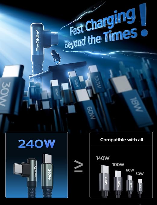 AINOPE 240W USB C to USB C Cable Fast Charging 6FT,Right Angle Fast Type C Charging Cable Fits iPhone 16 Pro Max Plus,iPhone 15,MacBook Air/Pro,iPad Pro,Samsung,Pixel,All Devices, Grey,Blue 2Pack - Image 2