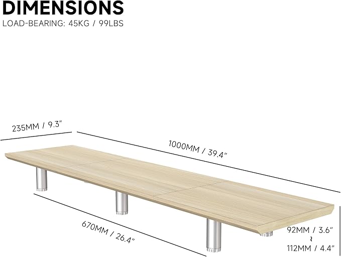 Fenge 39.4” Dual Monitor Stand with Height Adjustable Legs, Oak | Wooden & Steel, Ergonomic Height 3.6" to 4.4", Underneath Storage, Holds up to 99lbs, Laptop Monitor Stand for Home Office - Image 3