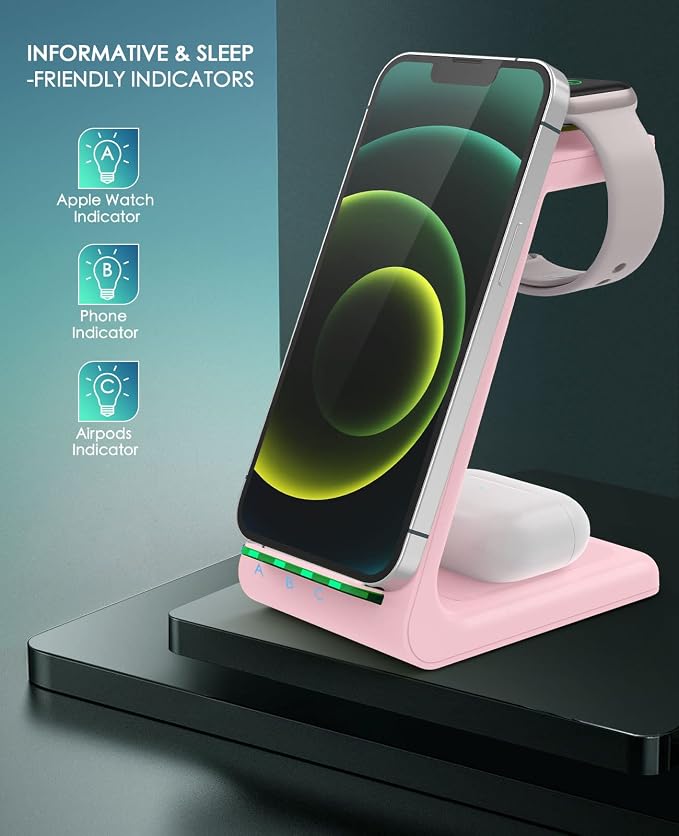 3 in 1 Wireless Charging Station, 2026 Upgraded Fast Desk Charger Station for iPhone 17 16 15 14 13 12 Pro Max Plus, Charger Stand for Apple Watch 10 9 8 7 6 5 4 3 2 SE, Airpods 4 3 2 Pro(Pink) - Image 4