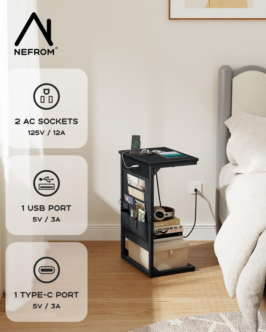C-Shaped End Tables Set of 2, Small Couch Side Table with Fast-Charging Station, Sofa TV Tray Table with Storage Bag for Living Room, Bedroom, Bedside ET-BK-W2 - Image 5