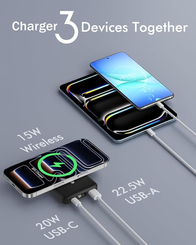 podoru for MagSafe Power Bank 10000 mAh, Foldable Magnetic Portable Charger | 22.5W PD Fast Charging, with USB-C Cable LED Display, Wireless Battery Pack for iPhone 17/16/15/14/13/12 Series-Black - Image 5