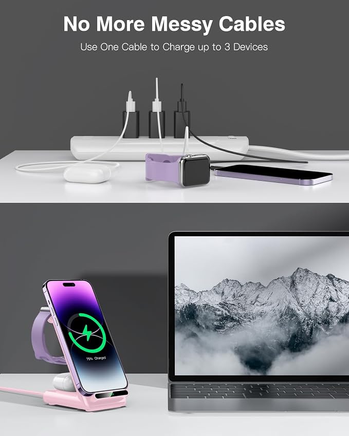 Wireless Charging Station,3 in 1 Charging Stand for Apple Multiple Devices | Fast Wireless Charger for Apple Watch Ultra 11 10 9 8 7 6 SE 5 4 3, for iPhone 17/Air/16/15/14/13/12,for AirPods Pro(Pink) - Image 7