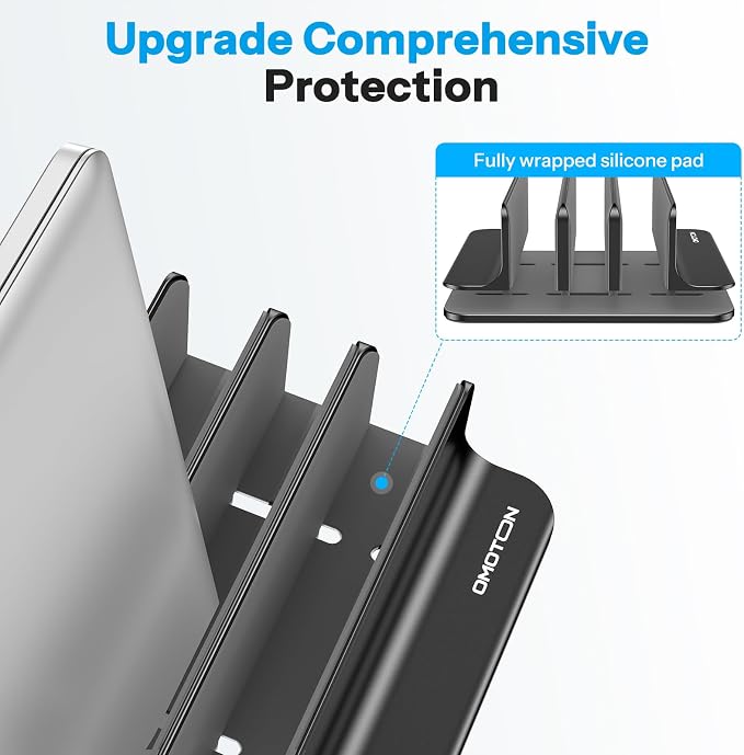 OMOTON 3-Slot Multiple Vertical Laptop Stand, Fits All MacBook, Black | Adjustable Width 0-1.38", Aluminum Office Space-Saving for Desk, Fits MacBook/Book/iPad Up to 17.3in - Image 4
