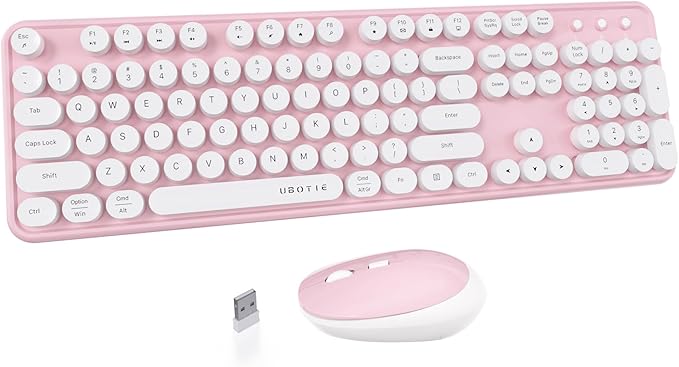 UBOTIE Colorful Wireless Keyboard and Mouse Combo (Pink-White) | Retro Typewriter Floating Full-Sized Keys Computer Keyboard with Optical Mouse, 2.4GHz USB Connection for Windows Mac by UBOTIE