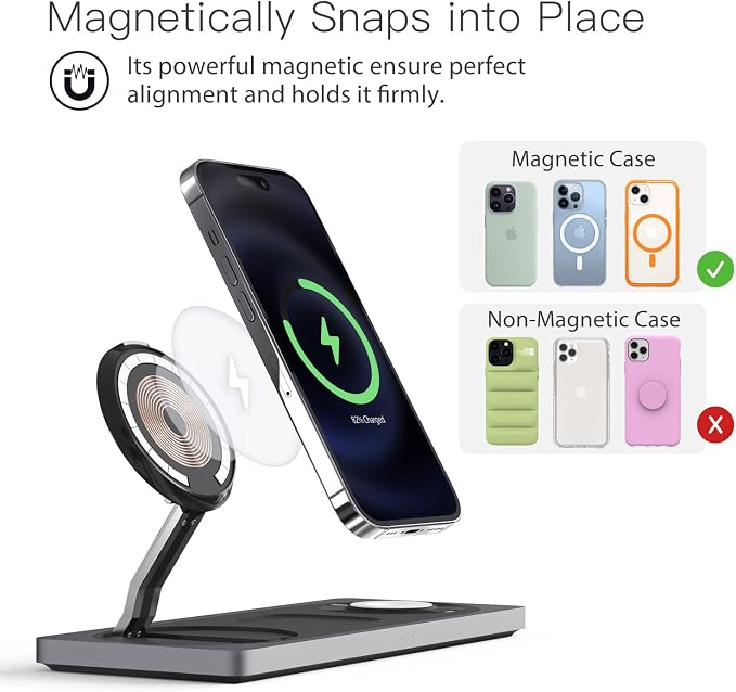 3 in 1 Wireless Charging Station for Apple Devices with MagSafe | For iPhone 17/Air/16/15/14/13/12, AirPods & Apple Watch, Foldable Portable Aluminum Charging Stand, Adapter Included - Image 2