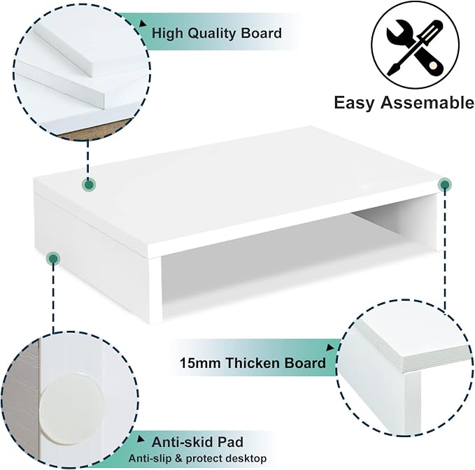 TEAMIX White Monitor Stand Riser for Desk, Small Computer/Laptop Stand Wood | 14.2"L x 9.5"W, Holds 80 lbs, Desktop Organizer Shelf, Ergonomic Morden Design, Easy Assembly, For Home Office, Gaming - Image 4