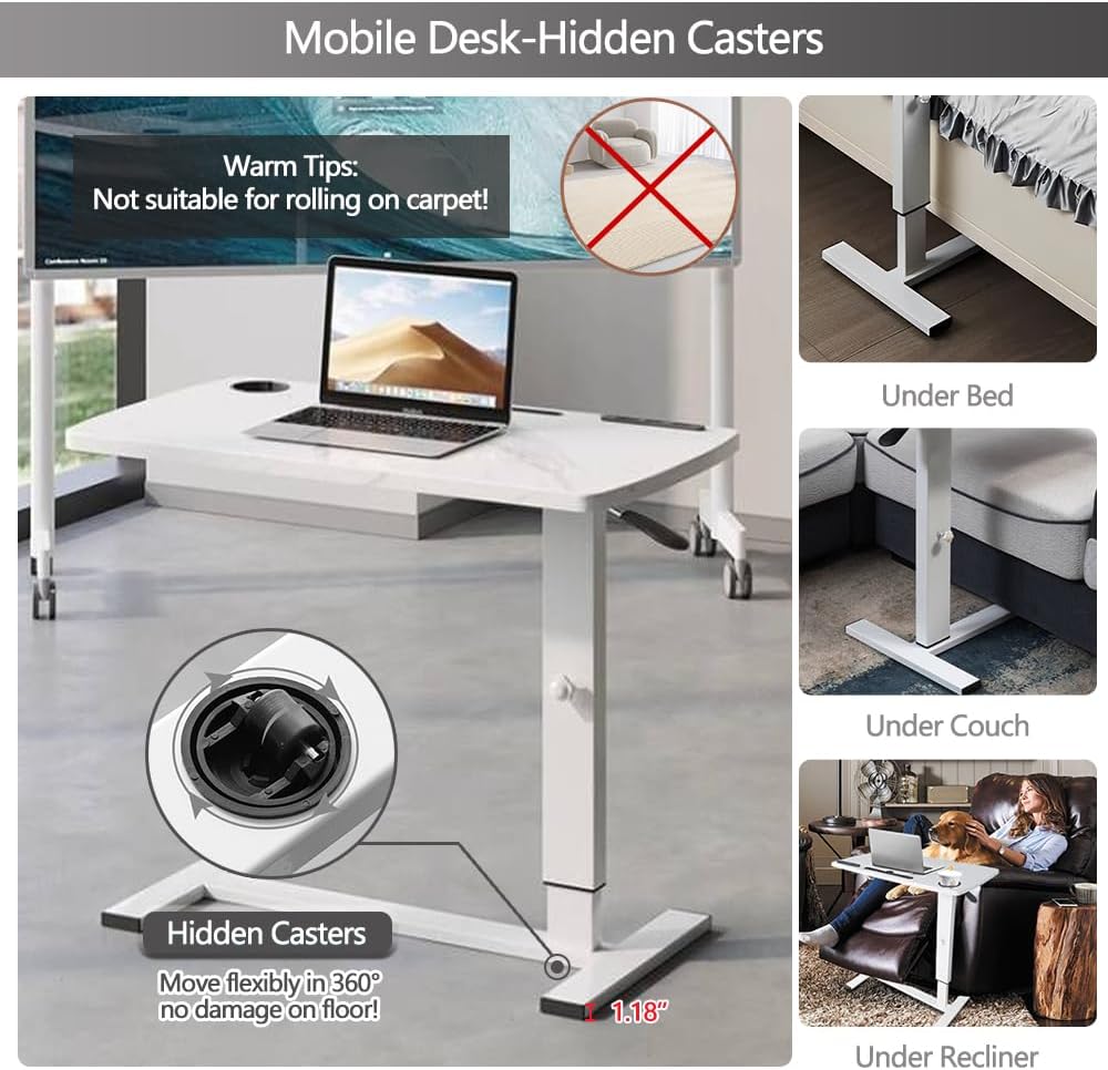 Overbed Table with Wheels & USB,Pneumatic Height Adjustable Bedside Table - Image 4