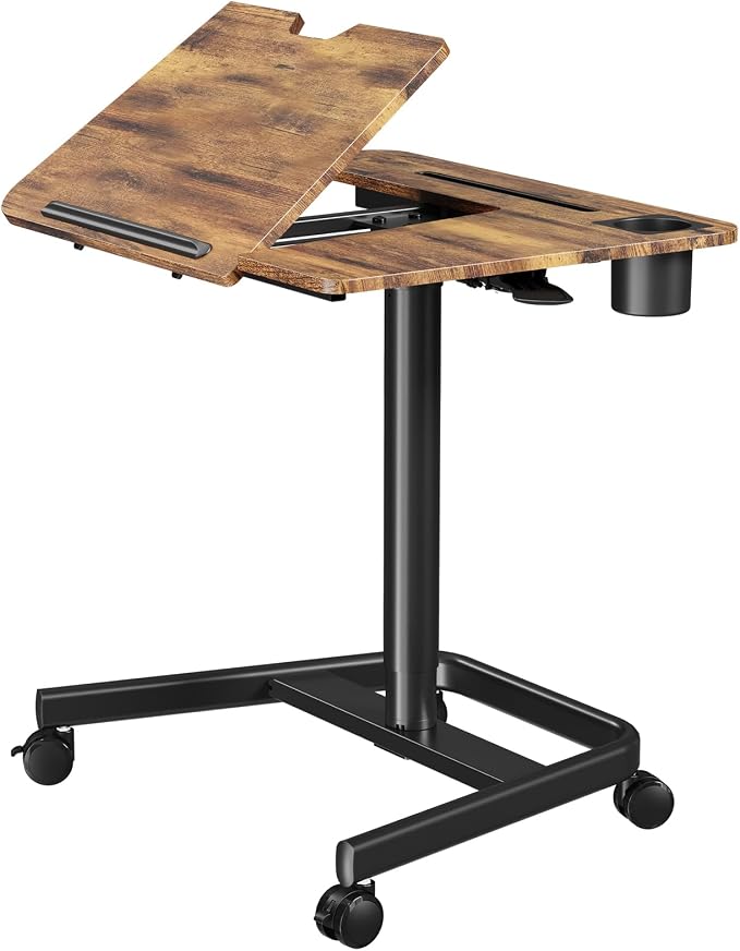JOY worker Mobile Sit Stand Desk, 60° Tiltable Portable Desk, Rustic Brown | Pneumatic Height Adjustable Cart, Rolling Sit Stand Desk with Wheels & Cup Holder for Office Home School, Holds Up to 22lbs - Image 9
