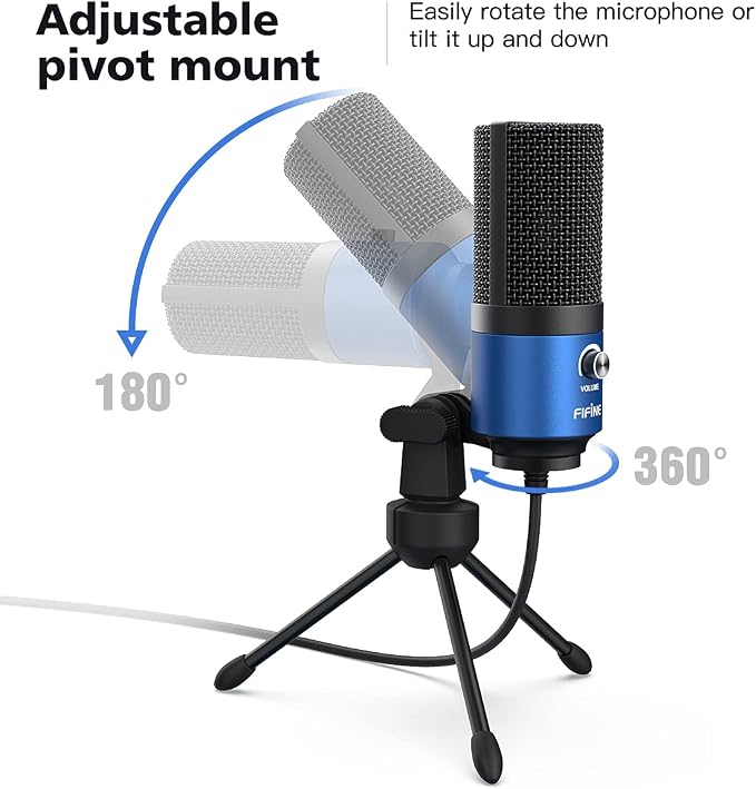 FIFINE K669 Blue USB Computer Microphone for Recording Voice Over | Condenser Mic with Gain Knob, Compatible with Mac&PC, Home Studio, Plug and Play - Image 3