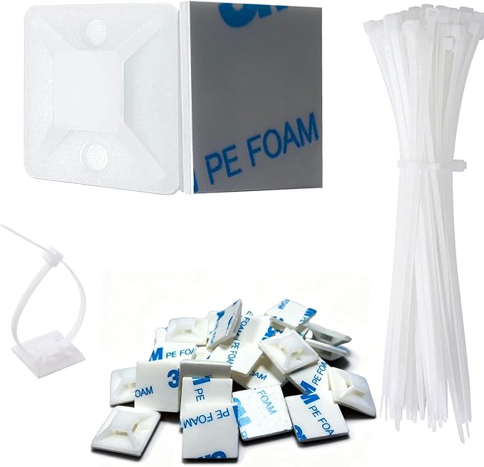 Strong Back-Glue Self Adhesive Cable Zip Tie Mounts Kit - 100 Set Cable Management Clips with 6" Zip Ties, Wire Holders - Outdoor Sticky Wire Organizer Clips - White by ALLWIN