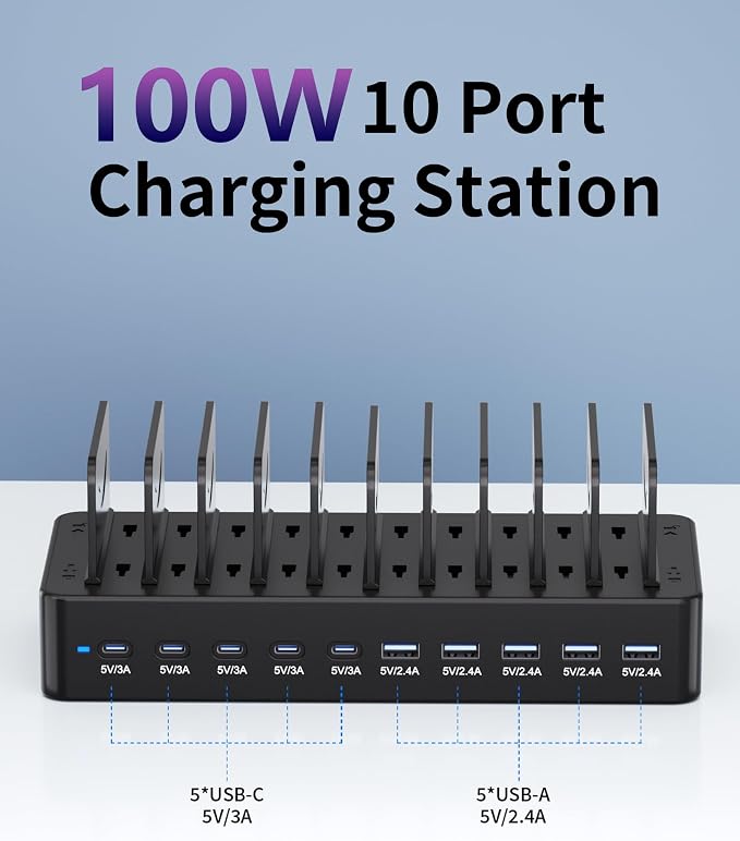 100W Charging Station for Multiple Devices, 10-Port USB Fast Charger, Black | with Adjustable Dividers & 10 Cables- Multi Device Organizer Charging Dock for iPhone, iPad, Tablets & More - Image 2