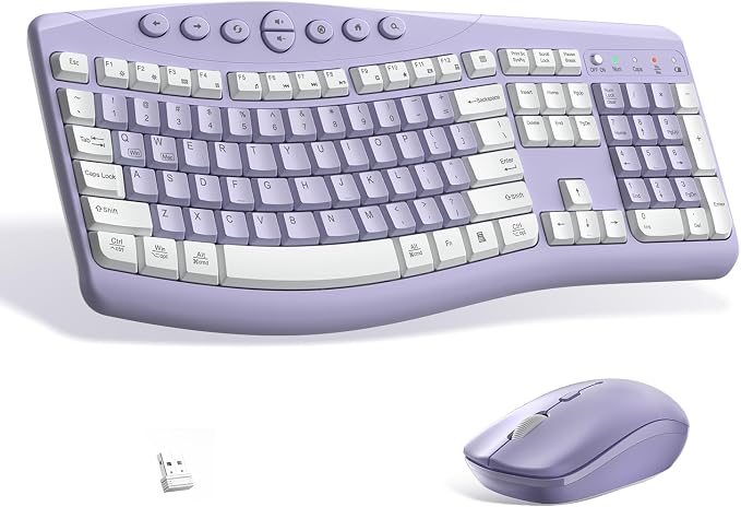 Wireless Keyboard and Mouse Combo Silent Ergonomic Curved Design for Office | 2.4G Full Size Cordless Keyboard with Tilt Legs,3-Level DPI Quite Mouse for Windows,Mac OS/Desktop/Laptop/PC by RECCAZR