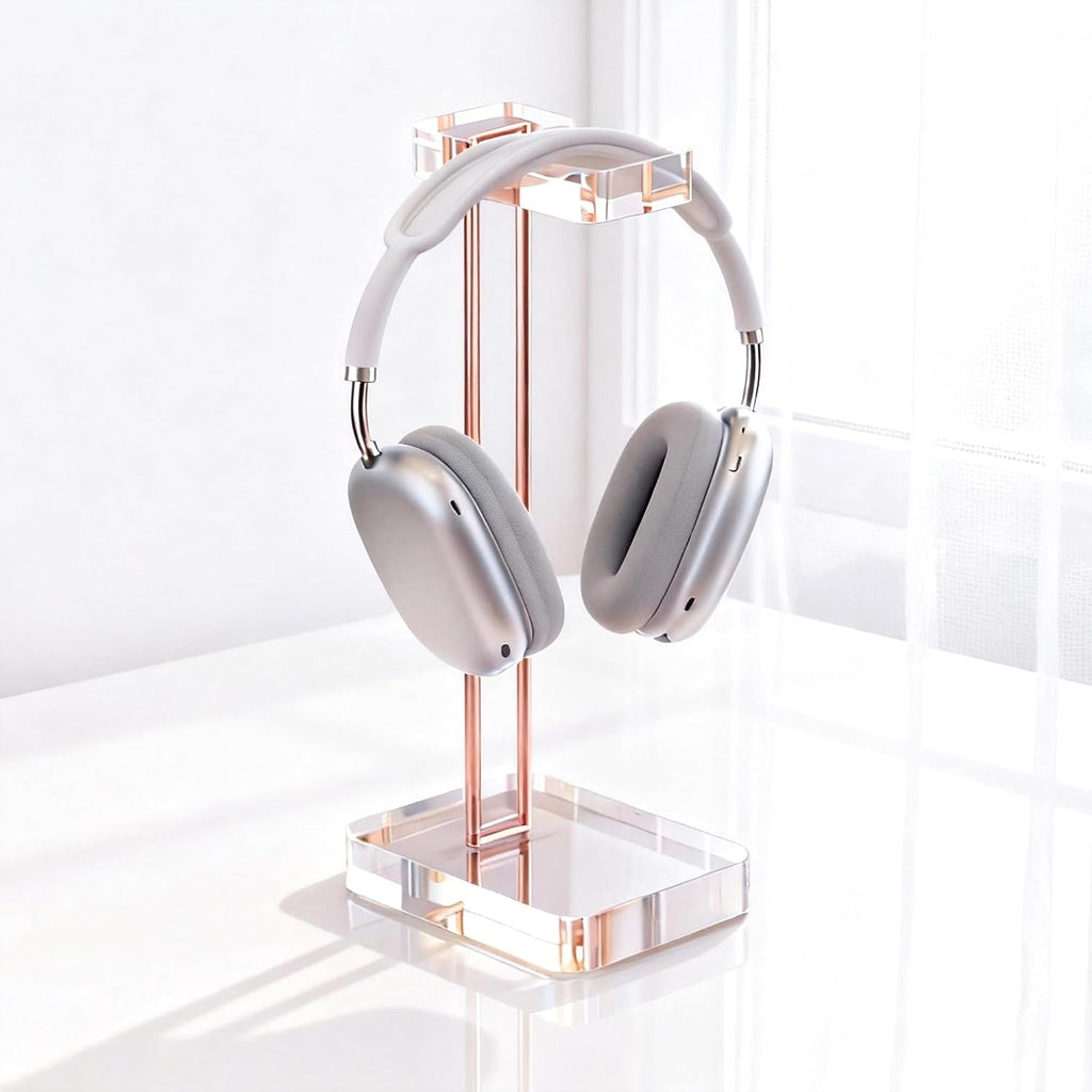 Headphone Stand Headset Holder for Desk, Solid Christal-Clear Acrylic with Rose-Gold Hardware Earphone Hanger for Gaming Room Office Accessories by CANCLEAR