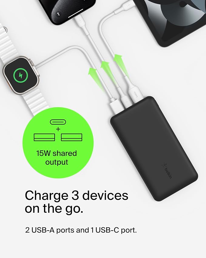 Belkin 20000mAh 15W 3 Port Power Bank, USB A to USB C Cable Included | Fast Charging, iPhone 17, Samsung Galaxy, Pixel, Airpods, iPad, Nintendo Switch 2, Battery Pack, USB C Port, USB A Port - Image 5