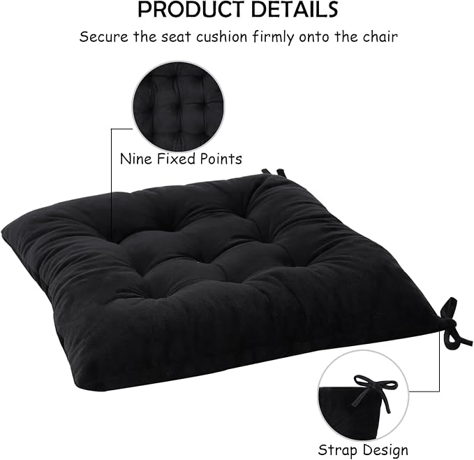 6 Pack Square Seat Cushion Chair Pads for Kitchen Dining Chairs, Soft Comfort Velvet Chair Mat Pillow Cushions with Ties for Office Desk Living Room Tatami 15.5", Black - Image 4
