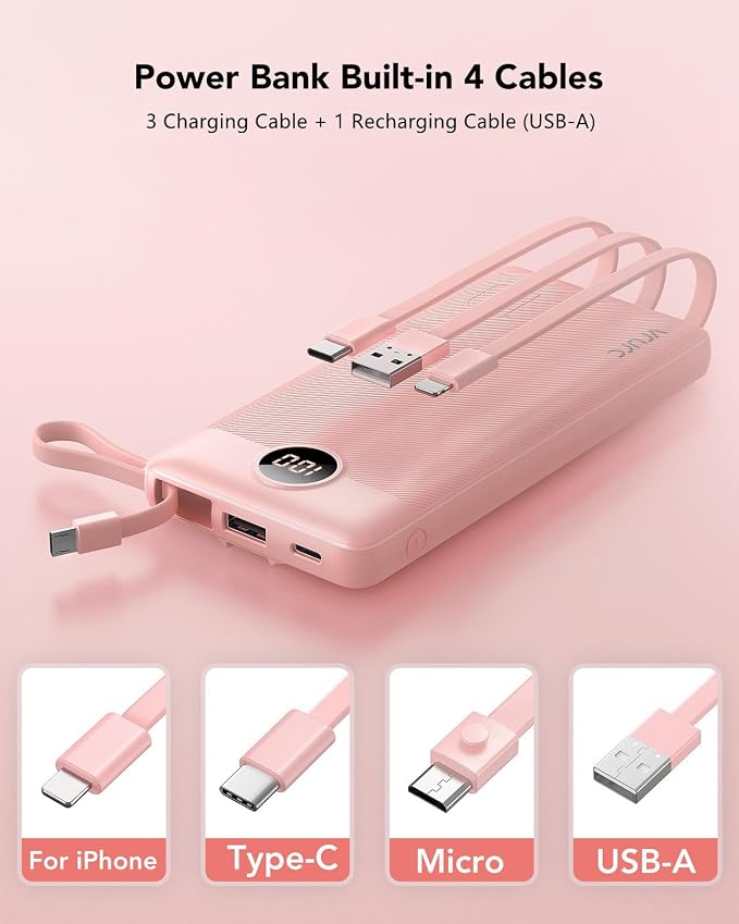 VRURC Portable Charger Power Bank, Built-in 4 Cables & 2 Ports 10000mAh | LED Display Slim Battery Pack,Compact Travel Essential Portable Phone Charger 5 Output for Multi Devices,Student/Teens(1Pack) - Image 2