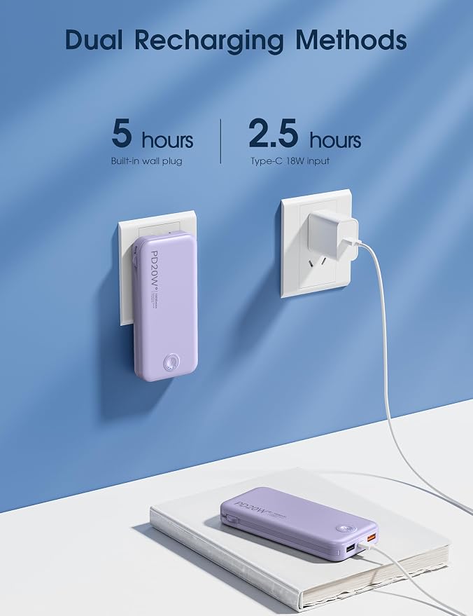 Nusyddy Portable Charger 10000mAh Fast Charging w/Built-in Wall Plug Purp. | PD20W Fast Charging, LED Indicator, Pass Through Charging, TSA Approved, Compact/Slim, Power Bank for iPhone/iPad/Samsung - Image 7