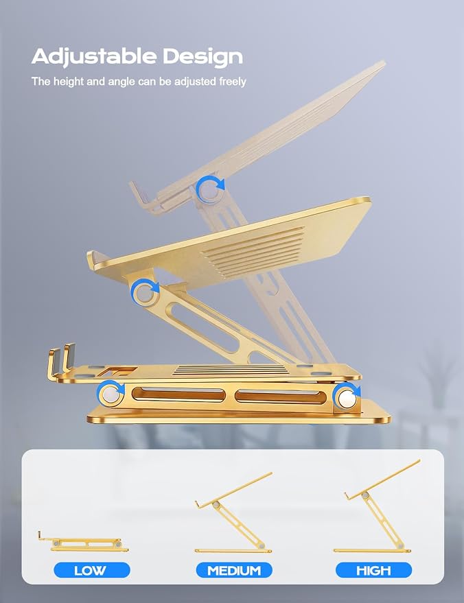 LOXP Aluminum Laptop Stand, Adjustable Laptop Stand for Desk Foldable | Portable Laptop Riser, Ergonomic Computer Notebook Holder for Desk, Office Desk Accessories (10-15.6'') - Gold - Image 3