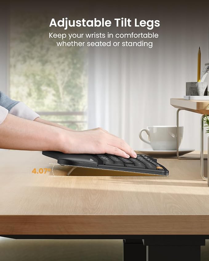 ProtoArc EK01 Plus Backlit Bluetooth Ergonomic Keyboard, Full Size, Black | Adjustable brightness, split design, cushioned wrist rest, connect 3 devices via Bluetooth/2.4G, 2000mAh USB-C rechargeable. - Image 8
