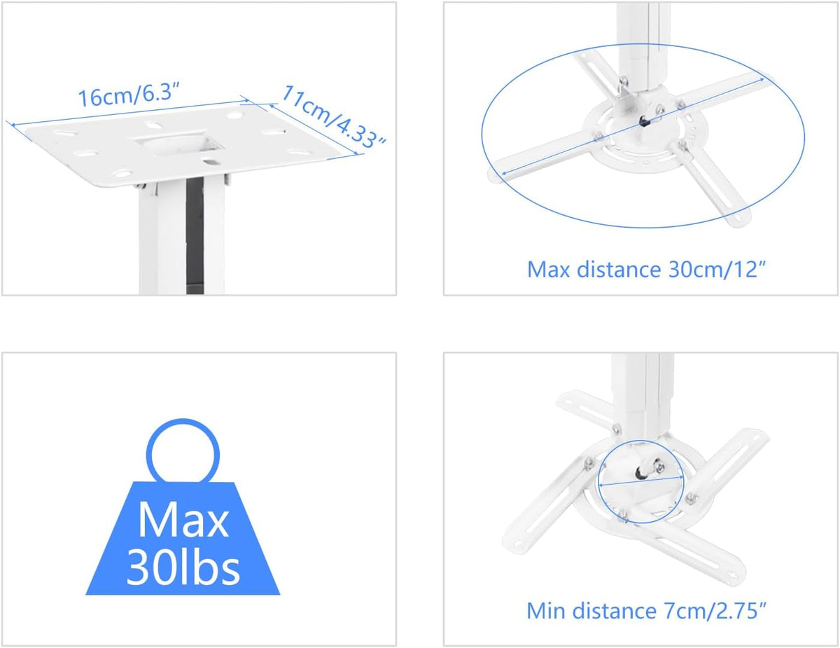 suptek White Projector Ceiling Mount Bracket Fits Flat or Sloped Ceiling Height Adjustable with Extendable Length 30.7-49.21inch,for LCD/DLP Projectors,White (PR05LW) - Image 5