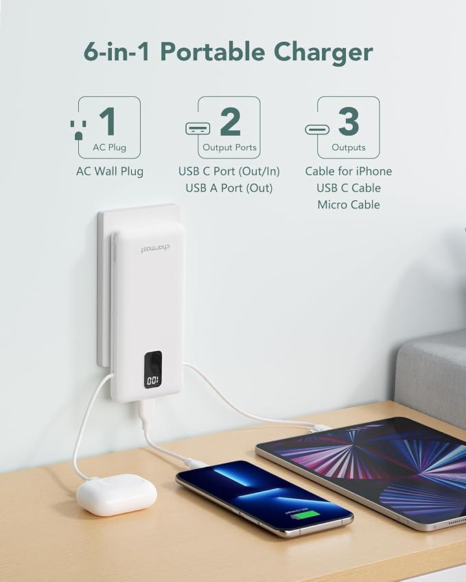 charmast Portable Charger Power Bank Built in Cables,10000mAh Battery Pack | with AC Wall Plug,LED Display & 5 Outputs,Travel Camping Essentials Slim External Phone Charger for iPhone,Samsung,Android - Image 3