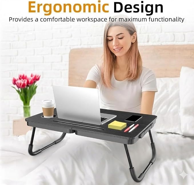 BUYIFY 23.4" Foldable Lap Desk Bed Table with Cup Holder Tray Charcoal | Portable Folds Flat for Easy Storage, No Assembly Laptop Bed Desk, Sturdy and Lightweight, Patent Design - Image 5