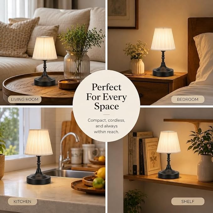 Balck Small Cordless Table Lamp Rechargeable - Kitchen Countertop Tabletop | Touch Lamp｜ Mini Lamp｜Restaurant Table｜Bookshelf | Counter Top ｜Wireless ｜Vintage｜Home Decor | Farmhouse Boho - Image 2