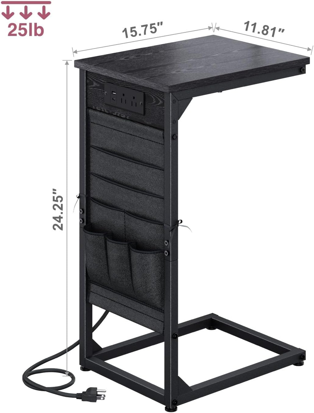 C-Shaped End Tables Set of 2, Small Couch Side Table with Fast-Charging Station, Sofa TV Tray Table with Storage Bag for Living Room, Bedroom, Bedside ET-BK-2 - Image 3