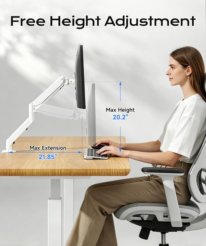 Pholiten Single Monitor Mount for up to 32 inch Screens, VESA 75/100mm | Fully Adjustable Gas Spring Monitor Arm, Computer Monitor Stand for Desk Holds up to 24lb, White - Image 6