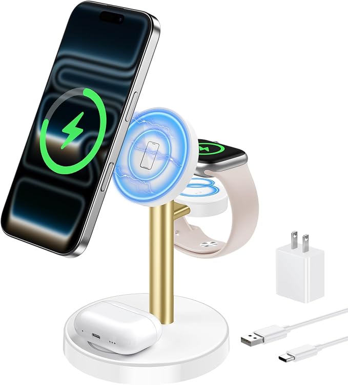 Aeinidi 3 in 1 Fast Wireless Charging Station for Apple, 15W Strong Magnetic Charging Stand Compatible with MagSafe Charger for iPhone 17 16 15 14 13 12 Apple Watch AirPods Series, Adapter Included by Aeinidi