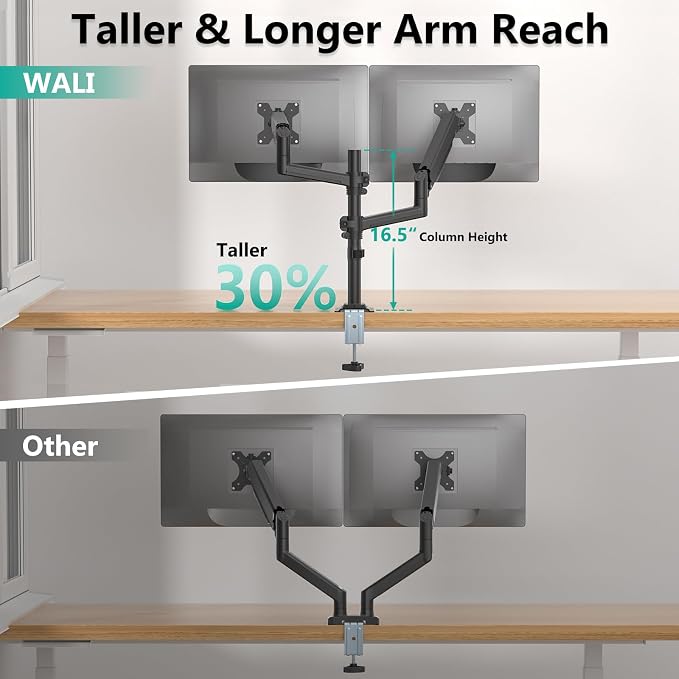 WALI Tall Dual Monitor Desk Mount for 13-33 inch Screens, 19.8 lbs per Arm | Dual Monitor Arms for 2 Monitors, Full Motion with Tilt, Swivel, Rotation, C-Clamp & Grommet, VESA 75/100mm (GSDM002), Black - Image 7