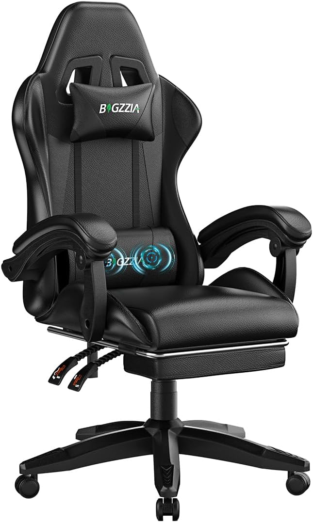 Bigzzia Gaming Chair with Footrest, Lumbar Massage for Adults & Kids, Black by Bigzzia
