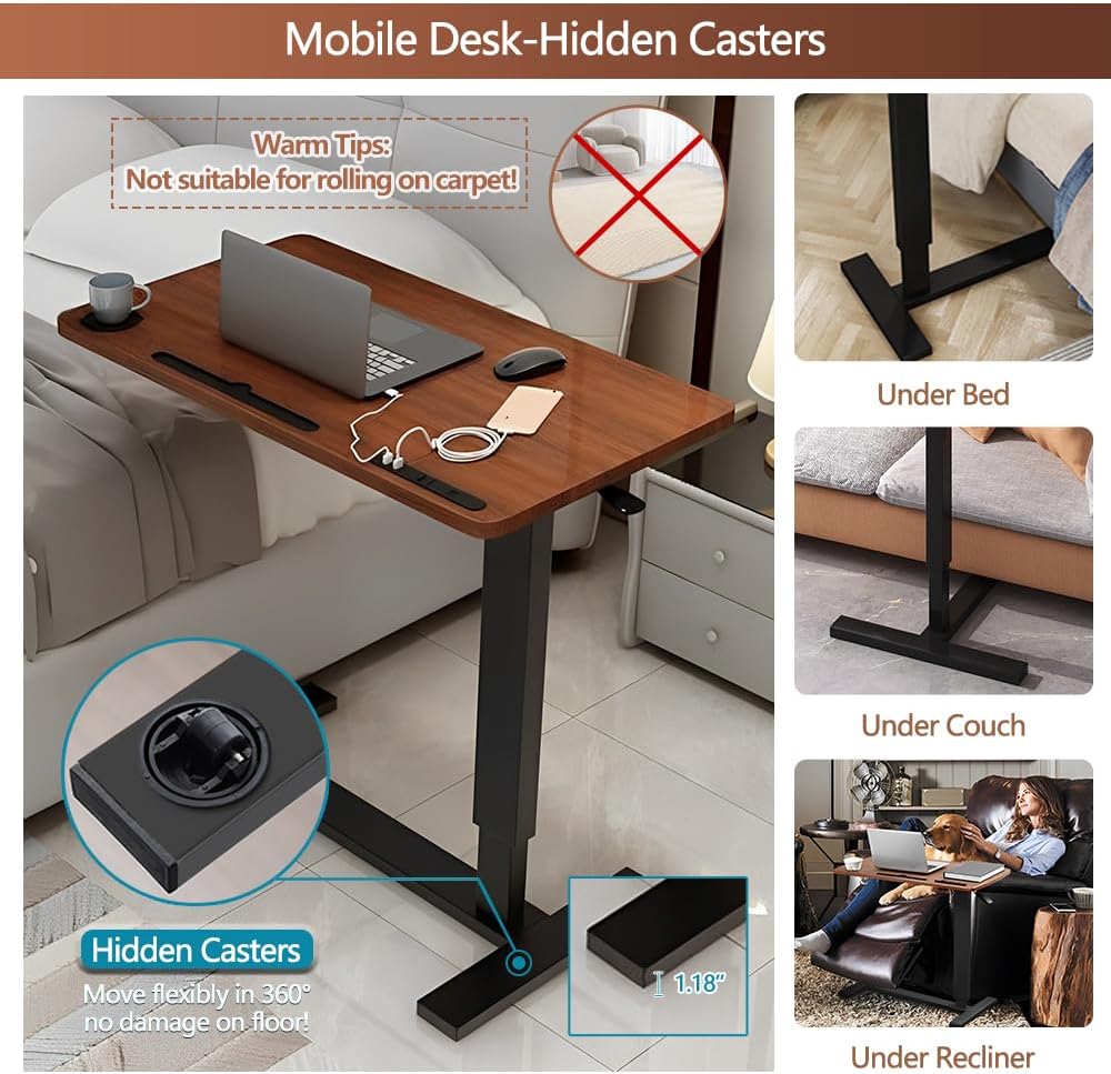 Overbed Table with Wheels & USB,Pneumatic Height Adjustable Bedside Table - Image 4
