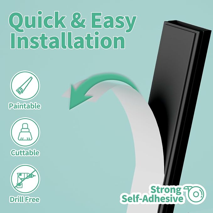 Delamu Cord Hider, 100in Self-Adhesive Cord Cover Kit for Wall Mounted TV, Paintable Wire Hider, Flexible Cable Management System, Cable Raceway Conceals 2-3 Wires, W0.95 H0.55in, Black - Image 3