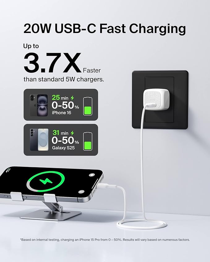 Belkin 20W Compact USB C Charger Block, Fast Charging for Travel | PD 3.1, Travel Charger, iPad, iPhone 17, Samsung Galaxy, Pixel, AirPods, Apple Watch, Foldable Prongs, 3.3 ft Cable Included - Image 2