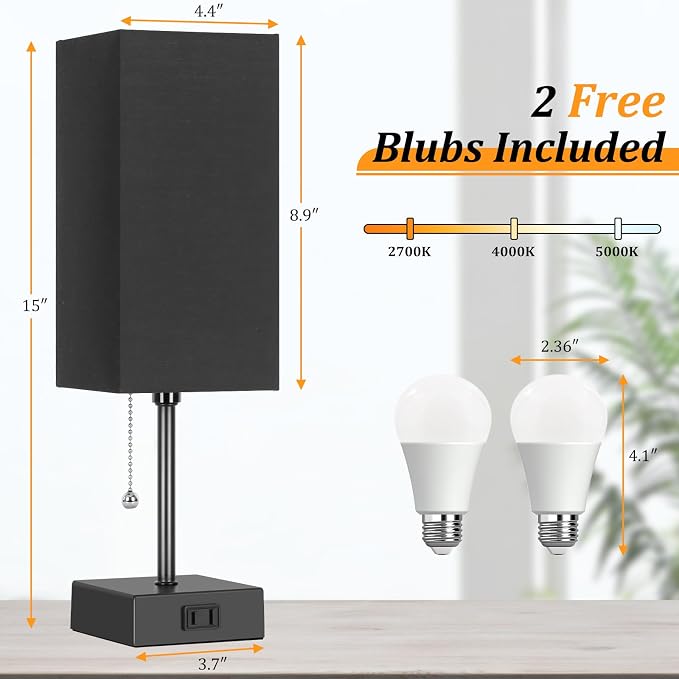 Table Lamp for Bedroom set of 2,3-Color Bedside Lamps with Pull Chain | Table Lamps for Nightstand with AC Outlets, Night Light Lamps with 2 Bulbs Lamps for Living Room Kids Office Decor（Black） - Image 4