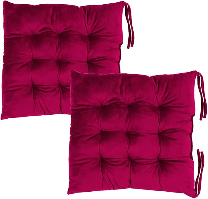 2 Pack Square Seat Cushion Chair Pads for Kitchen Dining Chairs, Soft Comfort Velvet Chair Mat Pillow Cushions with Ties for Office Desk Living Room Tatami 15.5", Burgundy by MissSoul