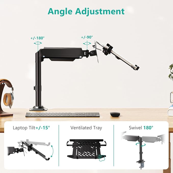 WALI Laptop Desk Mount for 15.6 inch Notebook, Fully Adjustable Single Monitor Arm with Laptop Holder for 32 inch Screen, Laptops Stand with Ventilated Tray, Up to 22 Lbs, (GSDM00LP), Black - Image 4