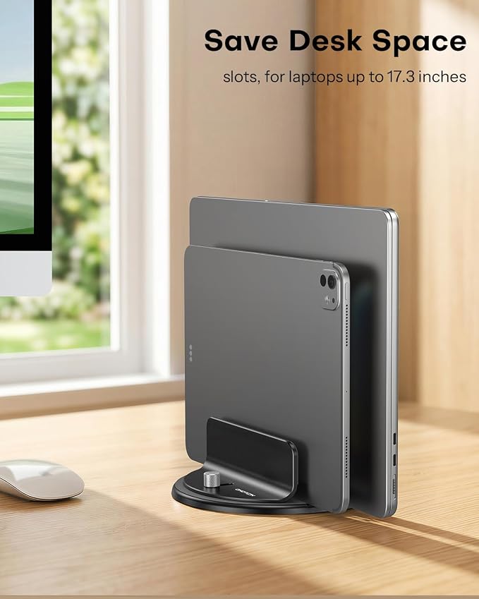 OMOTON 360° Vertical Laptop Stand Holder, Dual-Slot Aluminum Desk Organizer | Sides Knob Adjustment (No Lost Screws), Fits MacBook, iPad, Phones, and Tablets, Non-slip silicone, up to 17.3" - Image 8